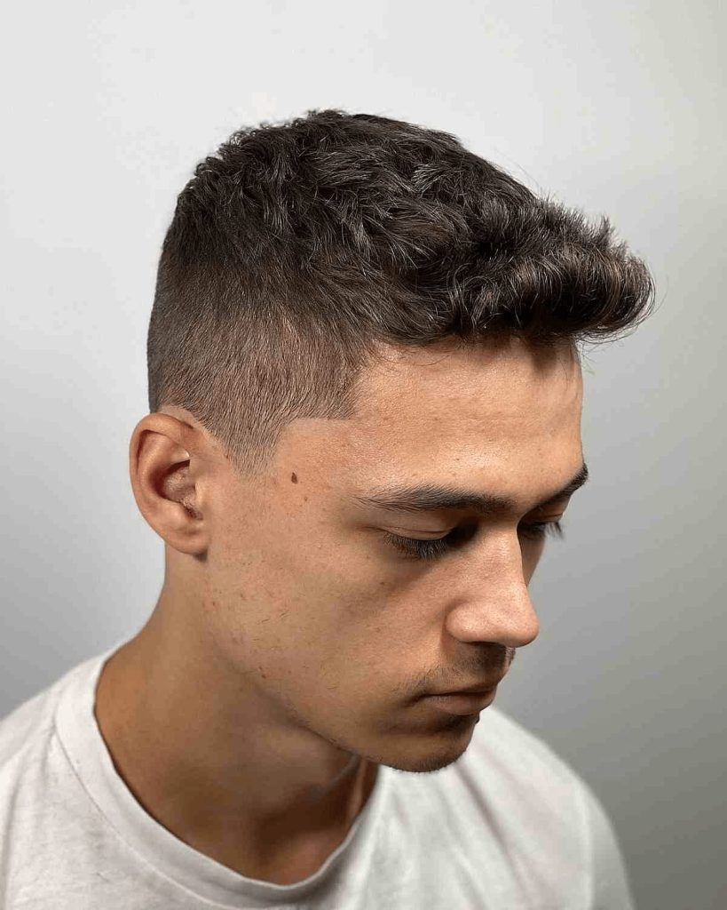 Classic short textured fringe with low taper fade