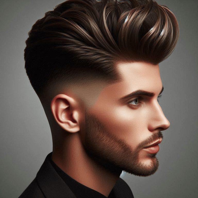 A high taper fade with a hard part in long hair